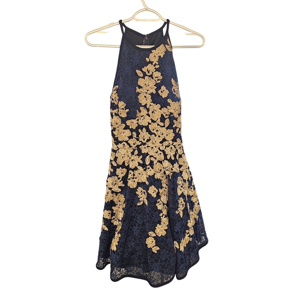 XSCAPE Navy Gold Floral Lace Halter Cocktail Dress Size 6‎ Fit Flare Formal